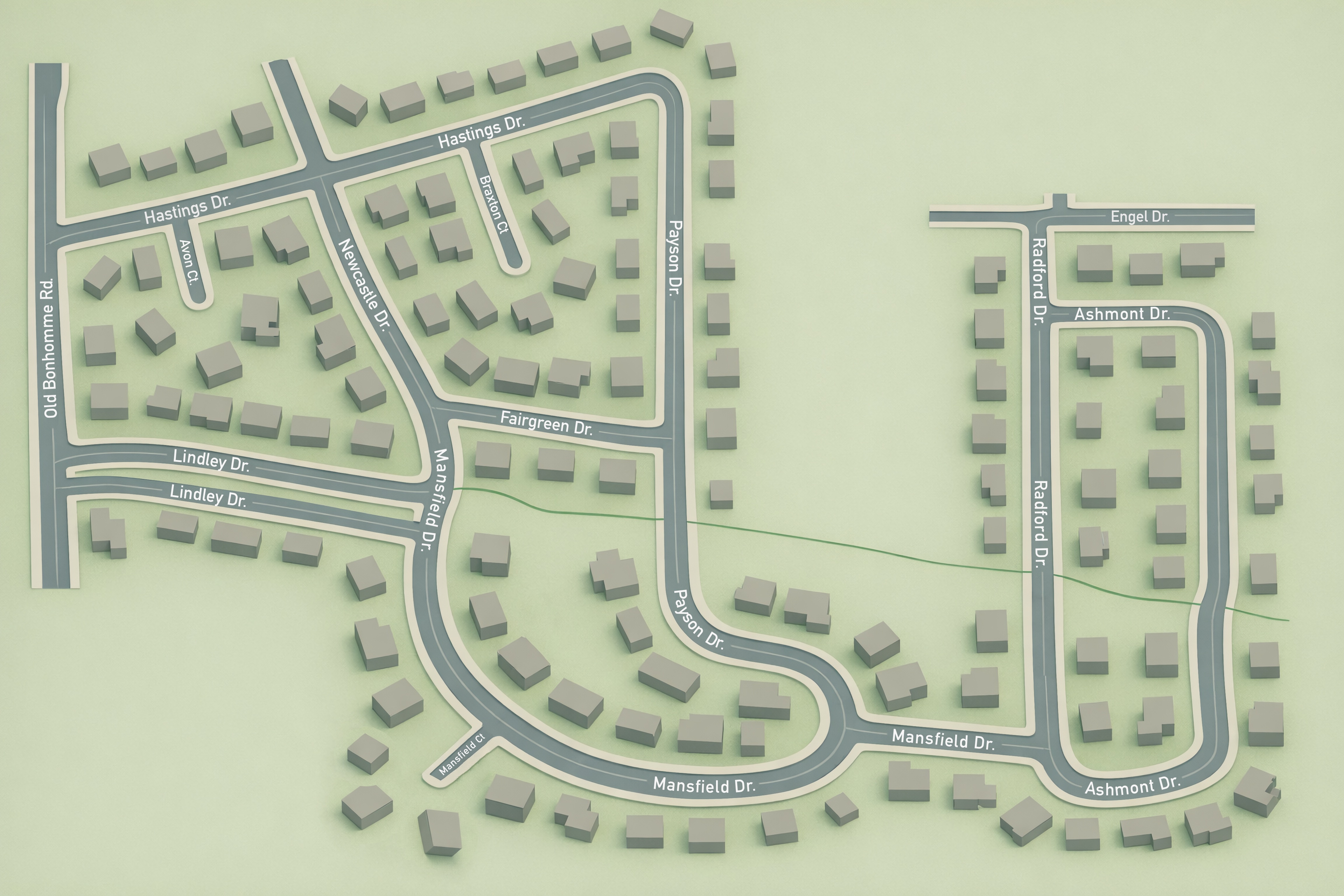 Stylized map of Oak Estates Neighborhood streets and homes